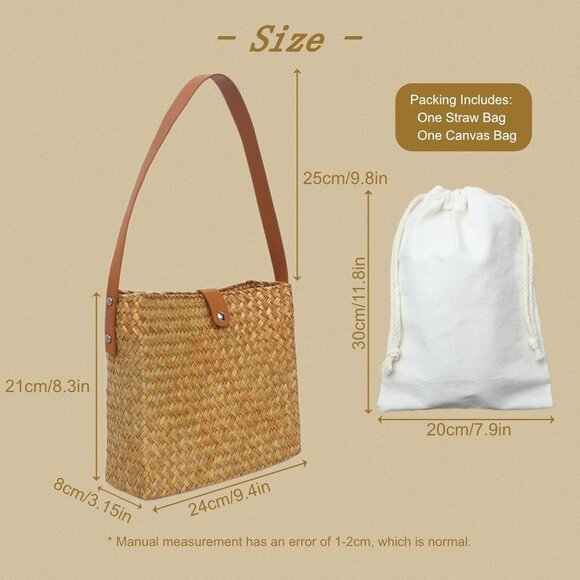 Yellow Straw Beach Tote Bag for Women, Natural Woven Handbag Small Summer Purse - Picture 6 of 7